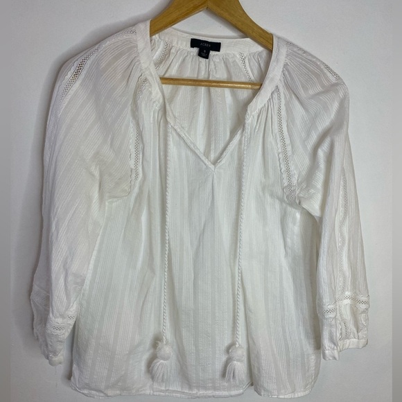 J. Crew White Textured Top With Tassel Ties - Picture 2 of 7